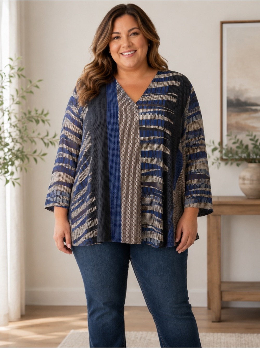 NIC+ZOE Geometric Print V Neck Long Sleeve Pullover Blouse Blue Black 3X Flowy